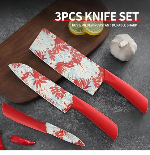 Image of 3 Piece Stainless Steel Professional Kitchen Knife Set /Meat Knife /Chef Knife with Non-Slip Handle Sharp Manual Sharpening for Home Kitchen, High Carbon Stainless Steel Knife Set (Red)