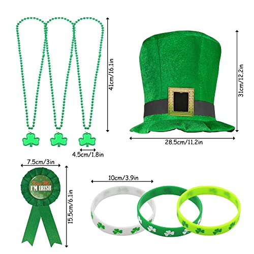 St. Patrick's Day Accessories Decoration,Green Leprechaun Top Hat with Clover Long Necklace Irish Badge Pin and 3 Clover Bracelet for St.Patrick's Day Parade and Celebration Woman Man Party Favors - Image 2