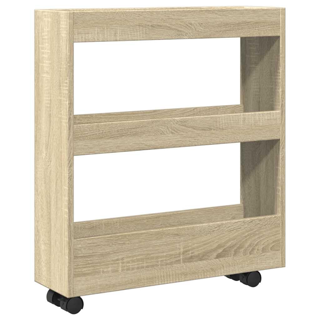 Carro estrecho de 3 pisos con ruedas, roble Sonoma, 60 x 18 x 70 cm