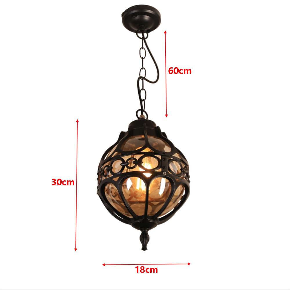 Lustre sphérique rétro métal noir creux verre ambré style industriel étanche patio porche intérieur/extérieur