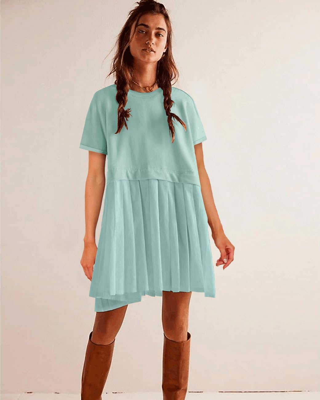 SAUKOLE Womens Summer Crew Neck Short Sleeve Dress Patchwork Pleated A Line Beach Boho Mini Dress - Image 2