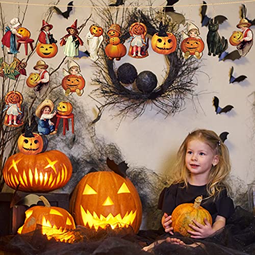 Image of 24 Pcs Halloween Wood Ornaments for Tree Vintage Halloween Decorations Hanging Sign Happy Pumpkin Witch Black Cat Skull Decorative Ornaments for Holiday Party Home Decor