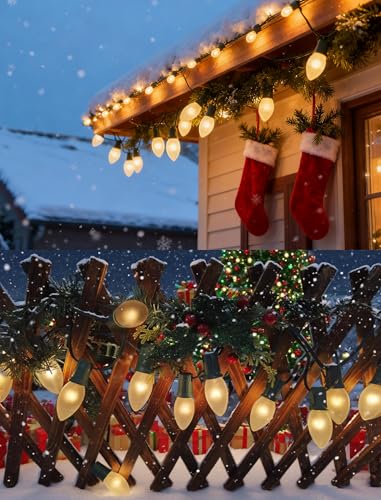 Image of 25Ft Frosted White Christmas Lights C9 Vintage Christmas String Lights with 26 Frosted White Bulbs(1 Spare) Hanging Outdoor String Lights for Patio Holidays Christmas Prom Party Wedding- Green Wire