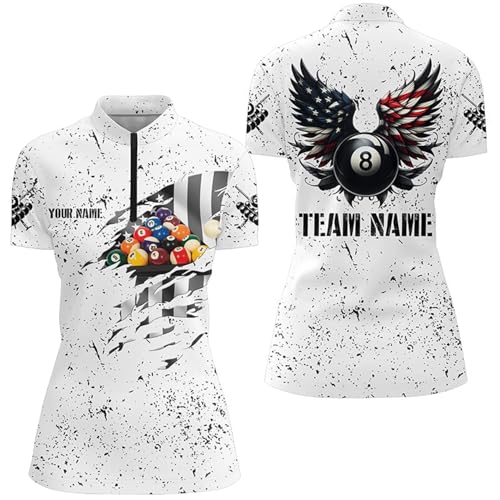 Personalized US Flag Billiard Balls 3D Quarter Zip Shirts for Women White 8 Ball Pool Wings Jerseys V1005