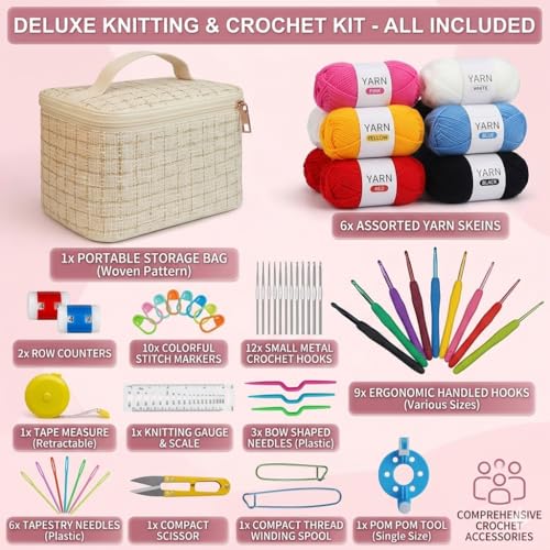 Image of Crochet Kit for Beginners Adults, Crochet Kits Include Yarn, 59Pcs Crochet Starter Kit for Beginners Kids, Ergonomic Crochet Hooks Travel Knitting Crochet Supplies (white 59 Pcs Crochet Kit)