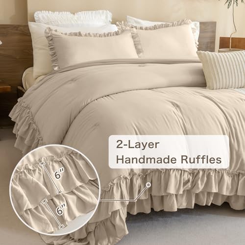 Masaca Farmhouse King Size Comforter Set,Shabby Boho Chic Bedding Ruffled Linen Feel Textured King Bed Comforter Vintage Rustic French Country Bedding Sets 3 Pieces - Image 3