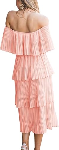 Miniatura 5 de ETCYY Vestido largo de gasa con volantes y hombros descubiertos para mujer, para invitada de boda, holgado, casual, para fiesta, playa, vestido largo