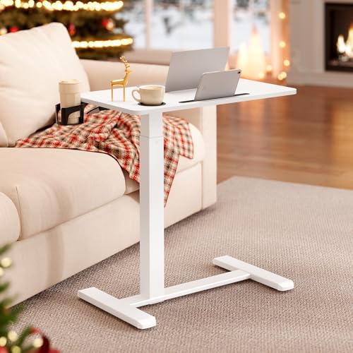 VASAGLE Beistelltisch mit Rollen, mobiler Stehtisch, 70 x 40 cm große Tischplatte, verstellbare Höhe, 2 Getränkehalter, Schlitz für Handy oder Tablet, wolkenweiß LSD600W01