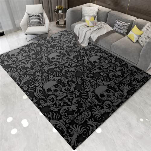 Vintage Black Gothic Skull Area Rugs Home Decor Halloween Rug Non Slip Soft Carpet Throw Rugs Floor Carpet Goth Decor Witch Wiccan Decor for Living Room Bedroom 5'x7'