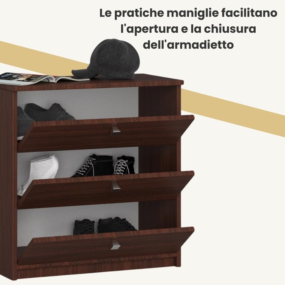 AKORD Contenitore per scarpe con 3 ripiani e ante a ribalta | Ribaltabile | 60 x 62 x 31 cm | 21 kg | Wenge
