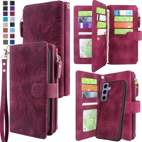 Harryshell Detachable Magnetic Zipper Wallet Leather Case with Cash Coin Pocket 12 Card Slots Holder Wrist Strap Lanyard for Samsung Galaxy S24 5G 6.2 inch (2024) (Flower Wine Red)