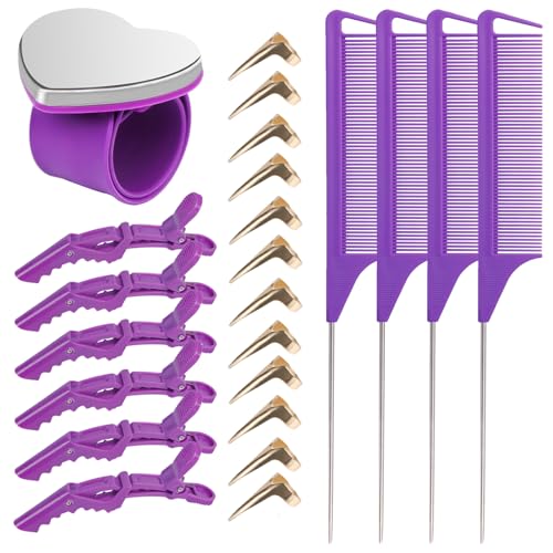 23 Pieces Hair Parting Tools Set Magnetic Wrist Pin Holder for Braiding Sectioning Clips Rat Tail Combs Hair Parting Rings