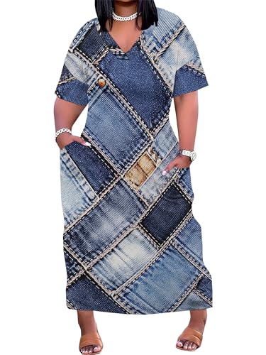 Image of SUZONANA Plus Size Denim Print Maxi Dresses for Women Casual V Neck Short Sleeve with Pockets Soft Jean Look Dress XL-6XL