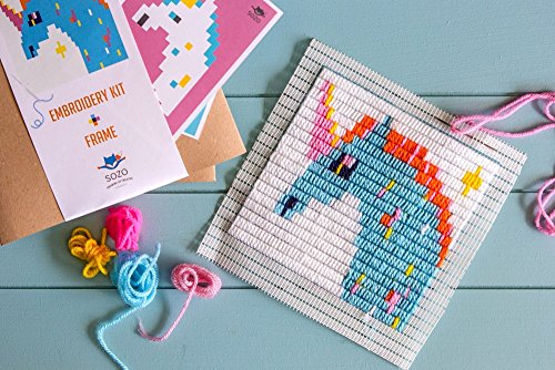 Sozo - Colorful Diy Needlepoint Embroidery Craft Kit For Beginners. Eco Friendly Package That Turns Into A Display Frame, Easier Than Cross Stitch. Size - 8” X 8” (Unicorn) #TOP2