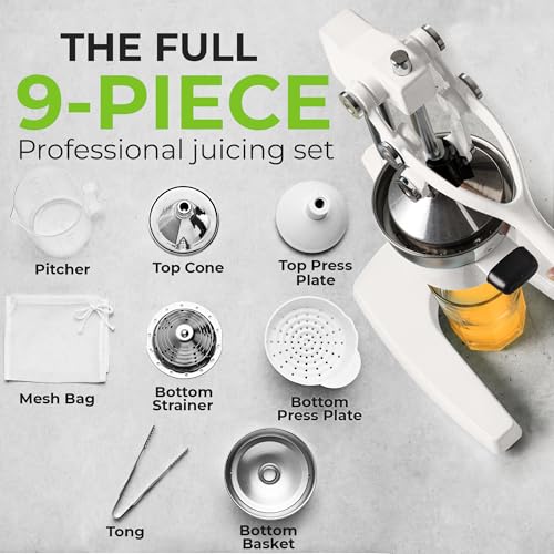 Image of Zulay Kitchen Pulperizer 9 in 1 Cast Iron Juicer - Easy-to-Clean Heavy-Duty Manual Juicer with Presser Attachment to Juice All Types of Fruits! Extra Tall with Stainless Steel Bowl - White