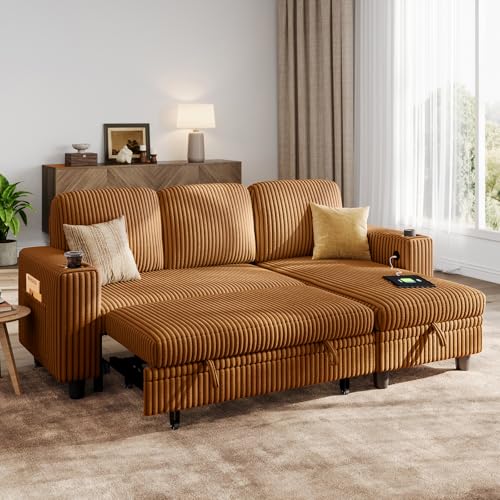 Image of LINSY HOME Sectional Sleeper Sofa with Storage Chaise & USB Charging, Convertible Pull Out Couch Bed Plush Corduroy Modular Sectional Couches for Living Room Apartment (Brown)