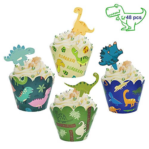 48Pcs Dinosaur Cupcake Toppers And Wrappers, Reversible Cupcake Liners With Dinosaur Picks - Cute Mini Cake Decorations For Baby Shower, Birthday Party - Jurassic World Theme Dino Party Supplies Decor #TOP6