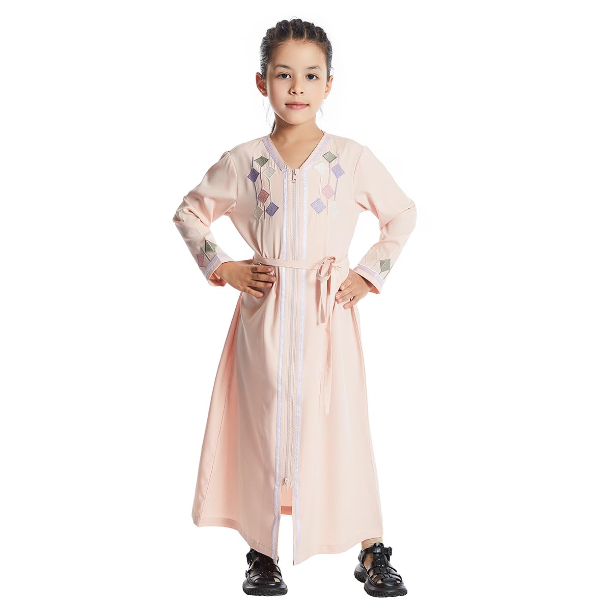 AFAVOM Muslim Dress for Girls Islamic Abaya Long Sleeve Maxi Dress Embroidery Split Hem Casual Robe Open Front Cardigan Outfit Eid Ramadan Kaftan Church Prayer Clothes Pink 10-11 Years