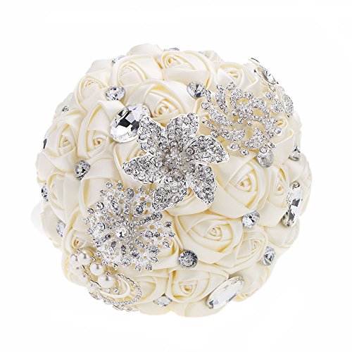 18cm Handmade Wedding Brooch Diamond Bridal Bouquet Satin Rose Flower with Rhinestone Artificial Pearls Beads Decorated for Bride Wedding Supplies--Beige
