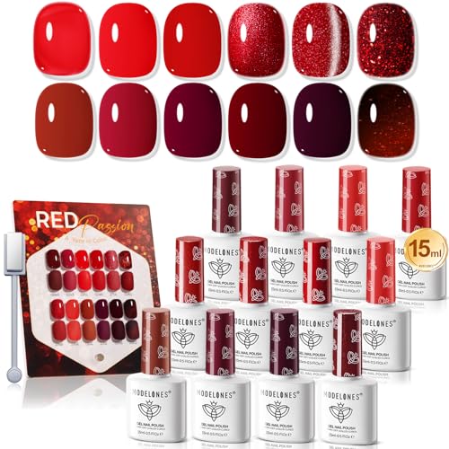 Image of modelones 12Pcs 15ML Red Gel Nail Polish Set, Same Bottle Same Bottle Burgundy Cherry Dark Red Cat Eye Glitter Color Changing Hema Free Gel Polish Kit with Magnet Soak Off Manicure Nail Art DIY