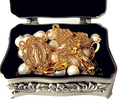 elegantmedical Handmade GOLD White Pearls Bead Necklace Lasso Wedding Rosary Cross Crucifix Catholic gift