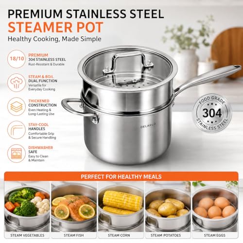 Image of DELARLO Tri-Ply Whole-Clad Stainless Saucepan 3.5 Quart Steamer Set With Glass Lid, Ergonomic Handle, Vegetable Steamer, Steamer for Cooking, Multipurpose Sauce Pan, Kitchen Sauce Pot, Oven Safe