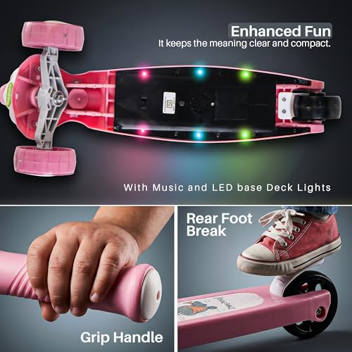 Image of Baybee Dino Blaze Kick Scooter for Kids | 3 Wheel Skate Scooter with RGB LED Wheels & Music | 3 Height Adjustable T-Bar Handle & Rear Brake | Foldable Skate Scooter for Kids 3 to 8 Years (Dark Pink)