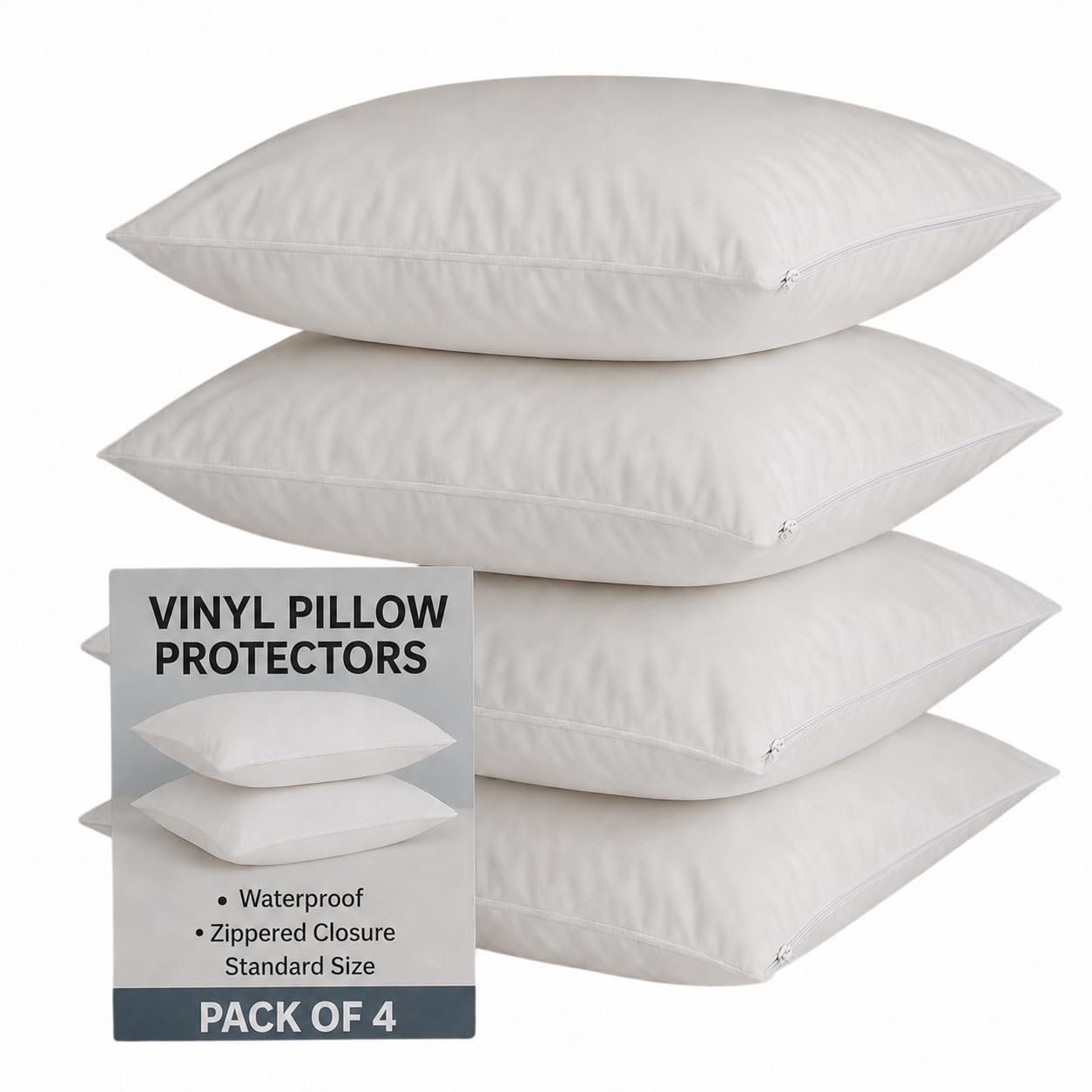Dependable Industries inc. Essentials Paquete de 4 fundas de almohada de vinilo con cremallera de lujo, protectores impermeables de 20 x 29 pulgadas, ideales para el hogar, hotel, hospital, protección