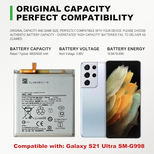 Image of GREEN FUSION Compatible with Galaxy S21 Ultra Battery Replacement EB-BG998ABY, for SM-G998U /U1 /W /B /F /E Series, Include Tools & Guide