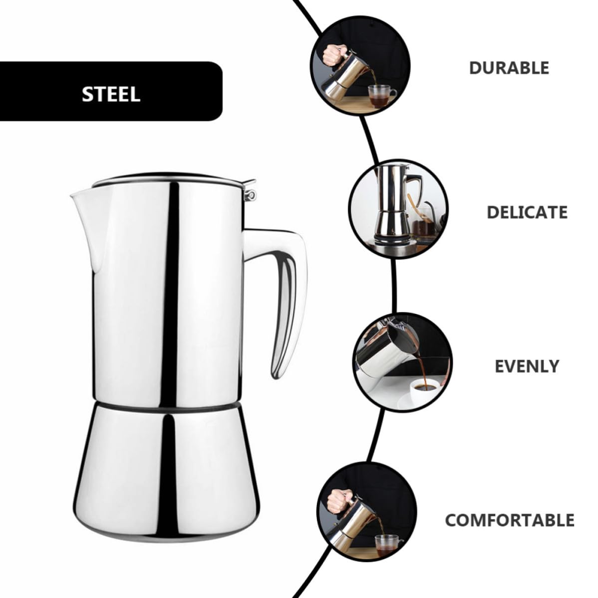 Cafetera Moka de Acero Inoxidable 304 para Café Expreso | Plata, Apta para Inducción y Llama Abierta, Agarre Estilizado, Uso en Café y Oficina