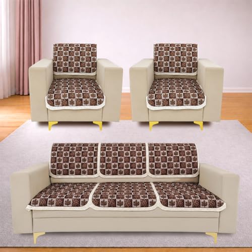 Image of Homerz Premium 'Maharaja Paradise Series' Sofa Cover | Net Fabric Sofa Cover | Washable, Anti-Dust Backed & Wrinkle Resistant Cover (Leafy Checks, 5 (3+1+1) Seater, Seat Cover with Backrest)