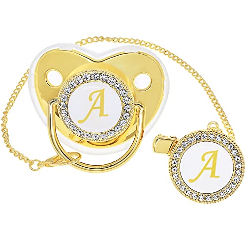 Image of Bling Personalized Golden Baby Pacifier with Pacifier Clips and Anti-dust Cover A-Z 26 Letters(Gold,A)