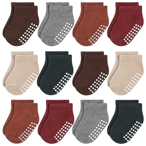 JAKIDAR 12 Pair Baby Toddler Socks Non-Slip Grip Cotton Ankle Socks for Boys Girls Non Skid Soles for Infants Kids, Angola Red, 12-24 Months