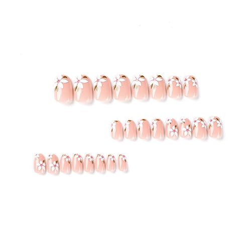 Miniatura 2 de Uñas postizas ovaladas a presión, uñas acrílicas de color rosa de cobertura completa con diseños de hojas verdes florales blancas, uñas adhesivas de