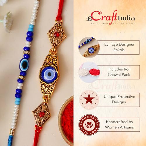 Image of eCraftIndia Set of 2 Evil Eye Designer Rakhis for Brother with Roli Chawal Pack | Raksha Bandhan Rakhi