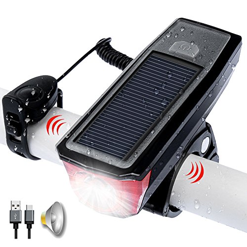 USB Rechargeable Bike Front Light, Solar Powered, and Bell Horn, All in one design, 350 Lumens Bicycle Headlight LED. Waterproof, USB Output Charge your Mobile, Road Cycling Safety Commuter Flashlight USB Rechargeable Bike Front Light, Solar Powered, and Bell Horn, All in one design, 350 Lumens Bicycle Headlight LED. Waterproof, USB Output Charge your Mobile, Road Cycling Safety Commuter Flashlight