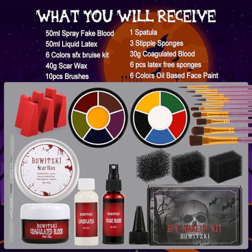 Bowitzki Halloween Makeup Kit Special Effect sfx Makeup,Liquid Latex+Scab Blood+Spray Blood+6 Colors Oil Based Face Paint+SFX bruise wheel+Skin Wax+Stipple Sponges+Latex free Sponges+Spatula+Brushes - Image 3