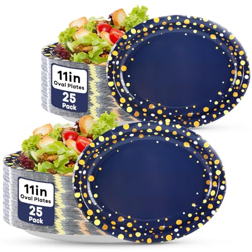 50Pcs Blue and Gold Party Supplies Large Gold Dot on Blue Paper Plates Oval Dinner Plates Disposable Party Tableware for Birthday Decorations Graduation Baby Showers Wedding Holiday Retirement