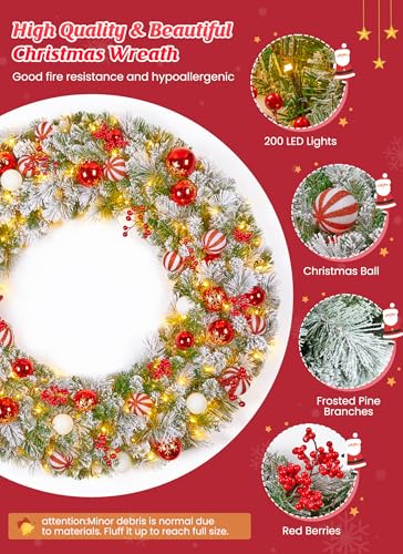 Image of Minetom 48-inch Large Christmas Wreath with Timer and Memory Function, Featuring 200 Warm White LED Lights, Christmas Balls, Pine Needles, for Doors, Walls and Mantels, Plug-in, Red&White