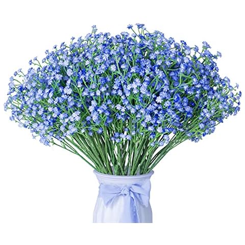DuHouse 10Pcs Babys Breath Artificial Flowers Fake Blue Flowers Real Touch Gypsophila Floral in Bulk for Home Wedding Garden Decor (Blue Long Stem) Cover