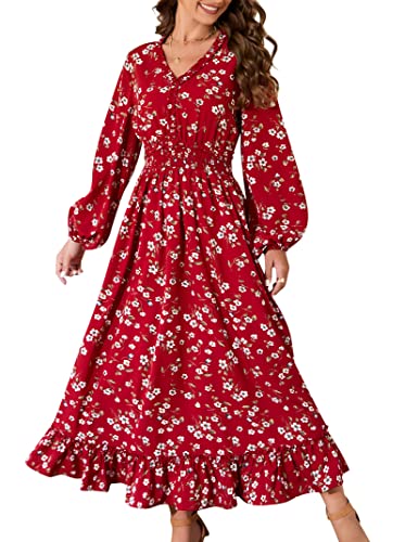 MISSKY Casual Bohemian Printed V Neck Long Balloon Sleeve Floral Beach Maxi Dress,Long Sleeve Red S