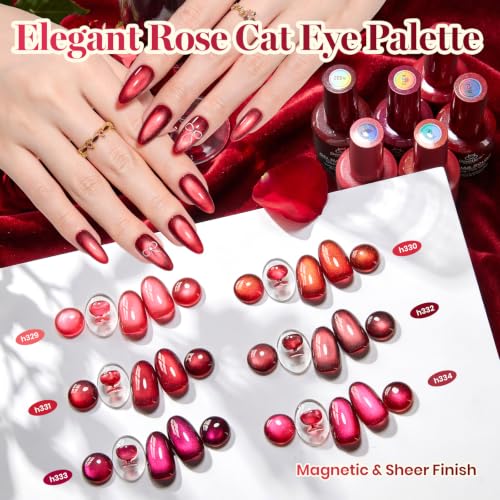 Image of Beetles Red Cat Eye Gel Nail Polish Set - Fatal Rose 6 Colors 15ML Full Size Glitter Red Gel Polish Kit Glass Cat Eye Magnetic Effect Soak Off UV Nail Art DIY Salon at Home Gift for Women