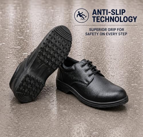 Image of Shyam Steel Men's Steel Toe Safety Shoes | Heavy Duty Resin Synthetic Leather Industrial Work Boots | Anti-Slip, Puncture Resistant PVC Sole Protective Footwear for Construction & Factory (Black)