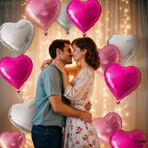 Image of KatchOn, Silver and Pink Heart Balloons- 18 Inch, Pack of 12 | Heart Shaped Balloon for Valentines Day Decorations | Galentines Balloons for Galentines Day Decorations | Happy Valentines Day Balloon