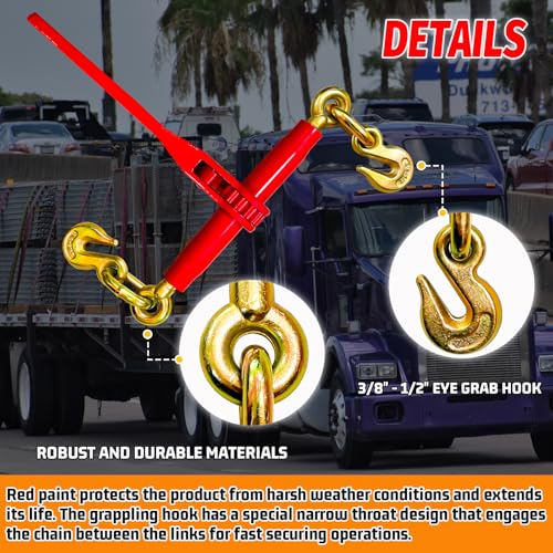 Image of Chain Binders Ratcheting 3 /8 inch - 1 /2 inch | Adjustable Load Binder with G70 Grab Hooks for 3 /8-1 /2 Chains | 9,200 Lbs Working Load Limit