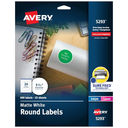 Avery Round Printable Labels, 1-2/3" Diameter, Matte White, Sure Feed Technology, Laser & Inkjet Compatible, 600 Blank Labels Total, Great for Branding, Packages, School Supplies, and More (5293)