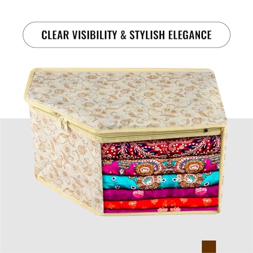 Image of Urbane Home Blouse Cover | Clothes Storage Bag | Zipper Wardrobe Organizers | Non-Woven Clothes Organiser | Side Transparent Blouse Organizer | Leaf-Design | Pack of 6 | Cream