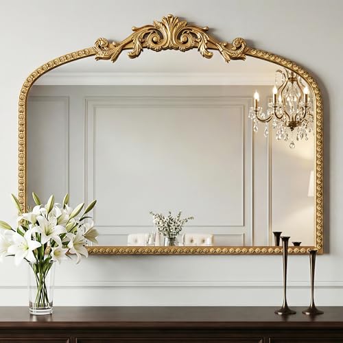 Qiqiong Large Vintage Gold French Baroque Arched Wall Mirror 36"x28"