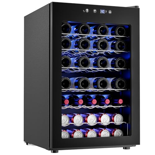 Icyglee 4.5 CU.FT Wine Cooler Refrigerator, Small Freestanding Wine Fridge for Red, White and Champagne, Mini Fridge with Adjust Temperature, Black