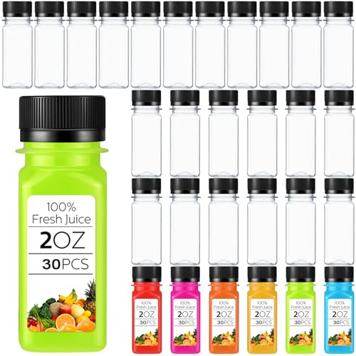 Roshtia 30 Pcs 2oz Small Clear Plastic Juice Bottles with Lid for Liquids Reusable Ginger Shots Bottle Vial Beverage Container Leak Proof Mini Jars for Juice, Milk, Water